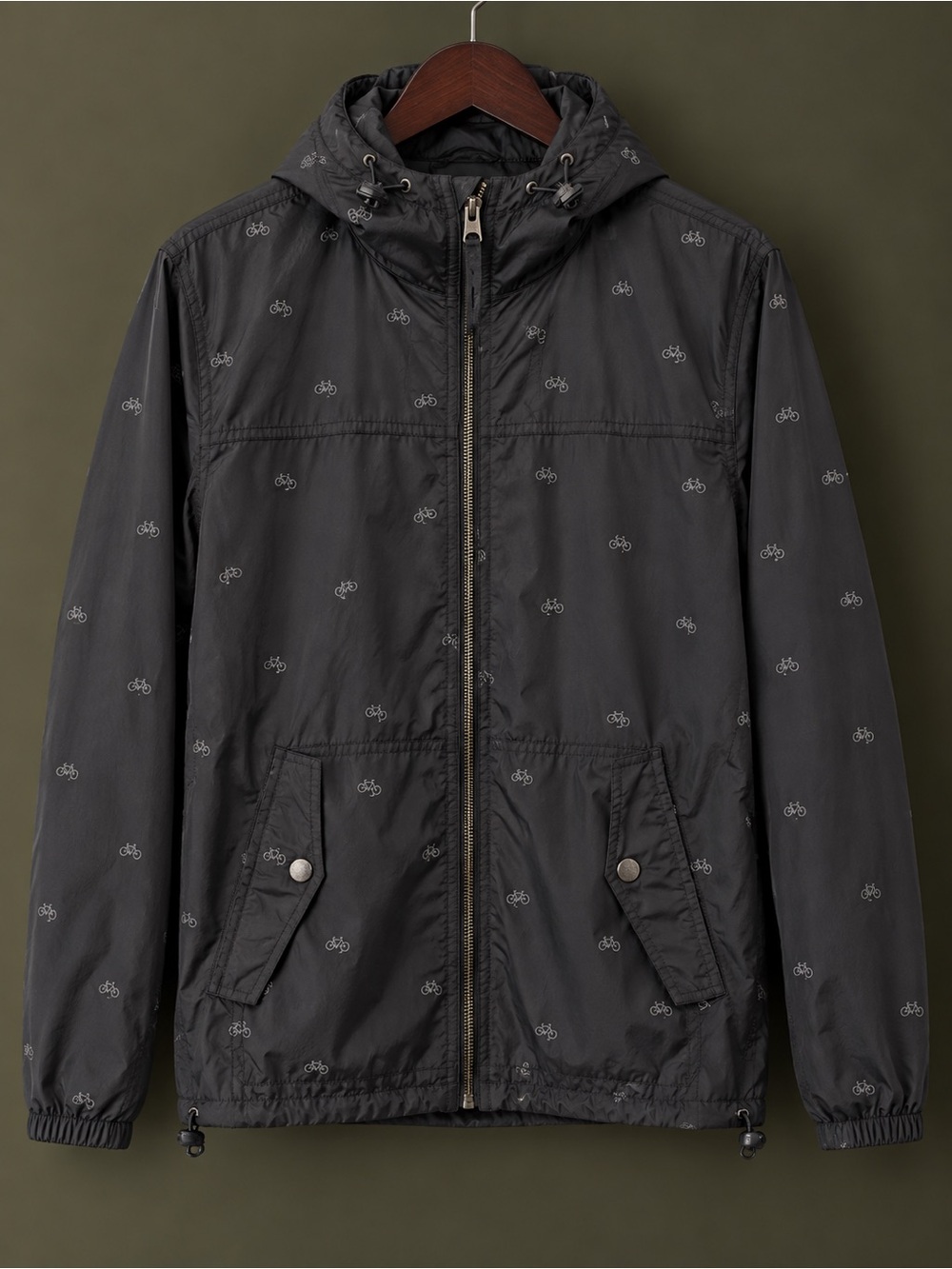 Abercrombie & Fitch Black Hooded Windbreaker with Subtle Bicycle Print